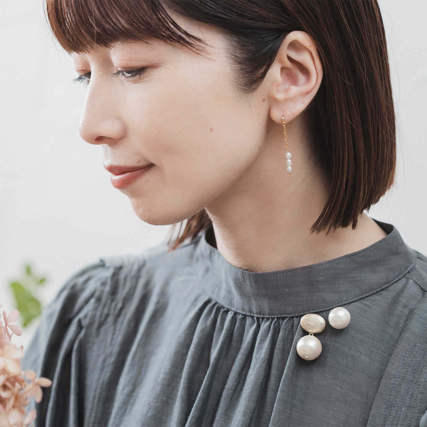CAZ028:オーバルカボション&コットンパール2setブローチ